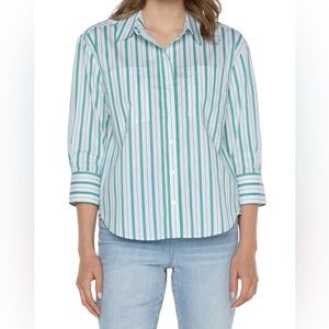 LIVERPOOL Women’s 3/4 Sleeve Striped XL Teal/White Shirt NWT